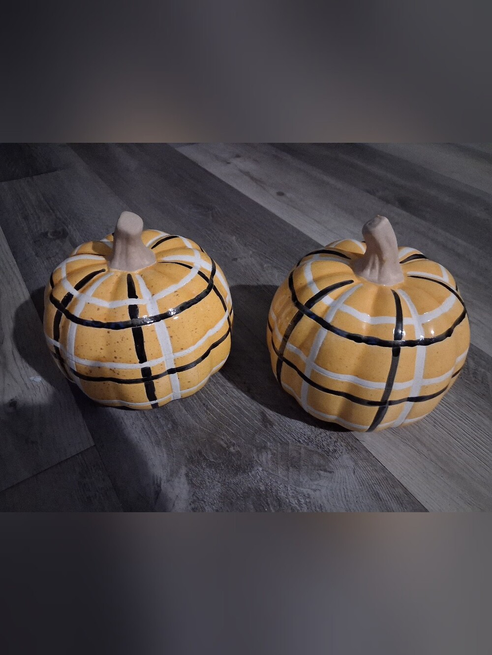 Set Of 2 , Decorative Yellow Plaid Ceramic Pumpkin Accent